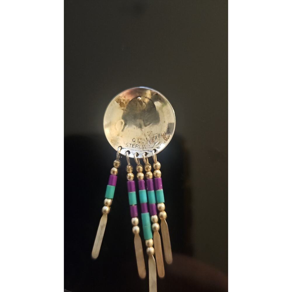 Vintage Quoc Turquoise Inc. Q.T. Sterling Silver Wolf Dangle Earrings 925 - Picture 2 of 2